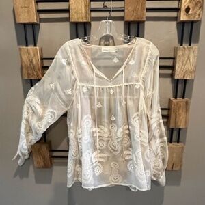 4 LoveAndLiberty by Johnny Was Sheer Silk Embroidered Peasant Top Sz M Boho Chic